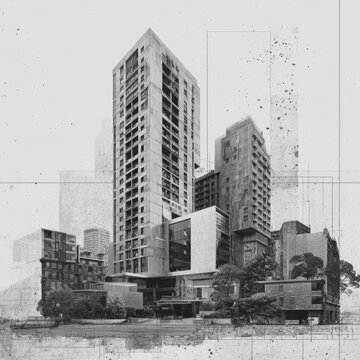 Fototapeta Modernist city buildings in grayscale, with abstract overlays