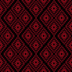 Red Geometric Tribal Pattern on Black. Traditional Ethnic Textile Background.