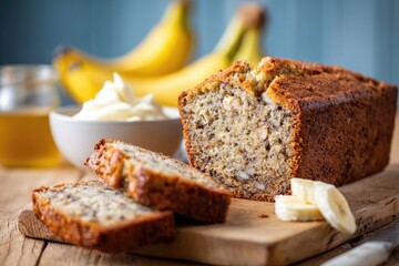Sliced banana bread, fresh and golden brown, with ingredients