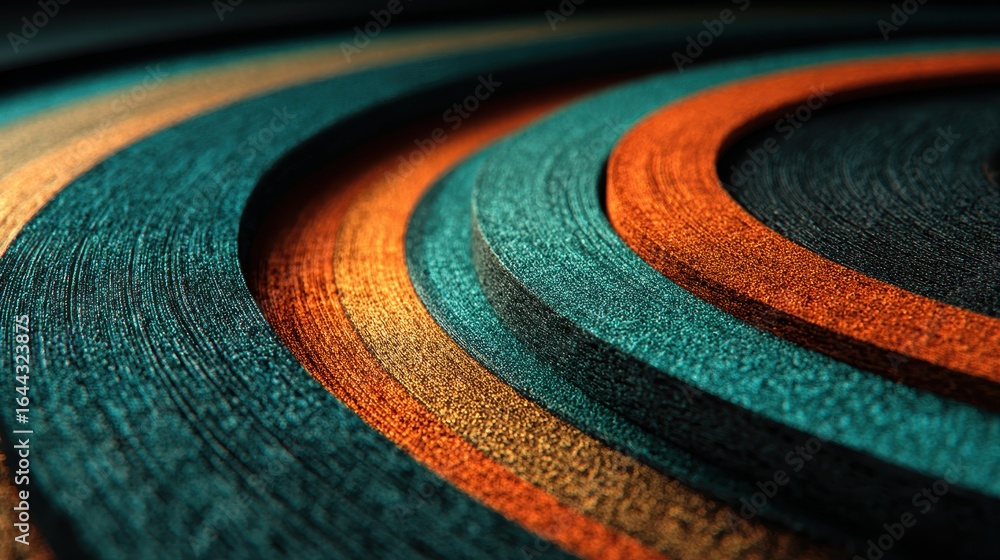 Poster abstract concentric curves of orange, black, and turquoise creating textured background with studio 