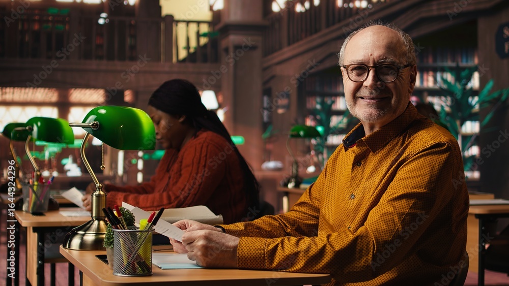 Poster aged man in a study area surrounded by library books and paperwork, preparing for university coursew