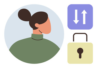 Female profile in muted color palette, vertical data arrows, and padlock. Ideal for digital privacy, data security, anonymity, communication, encryption, identity protection simple flat metaphor