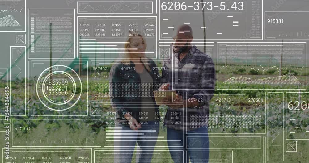 Poster farm team swiping tablet in field and activating panels showing moisture graphs tracking crop yield