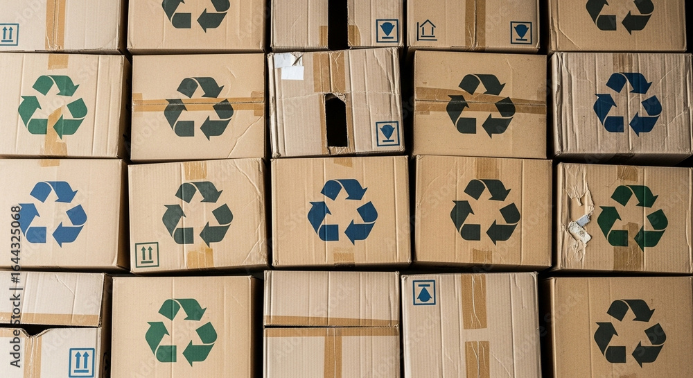 Poster an overhead view of a stack of cardboard boxes with recycle symbols and handling instructions printe