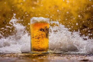 Frothy beer glass with splashing foam