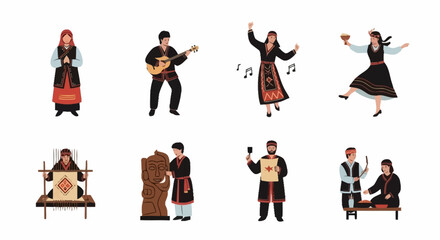 Obraz premium Diverse Representation of Georgian Culture Through Traditional Activities and Garments, Suitable for Educational Materials and Cultural Heritage Preservation Projects.