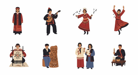 Obraz premium Diverse Set of Cultural Performers in Traditional Clothing Showcasing Music, Dance, Weaving, and Ritual for Educational and Cultural Preservation Projects