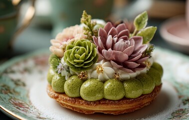 Floral cake dessert sweet pastry with green matcha cream and delicate flowers dessert food photography