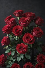 Crimson roses in lush bouquet against deep black vintage backdrop , picture, romance