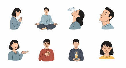 Diverse practices of mindfulness and meditation techniques for stress reduction and promoting mental wellbeing in diverse individuals. Ideal for illustrating wellness programs, mental health resources