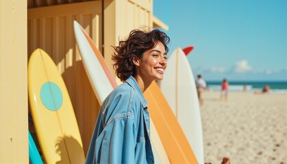Smiling young woman with curly hair enjoying a sunny day at the beach, standing next to colorful surfboards and vibrant yellow hut, summer lifestyle concept of beachwear or surf shop