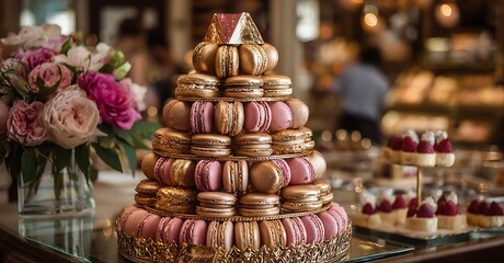 Obraz premium Macaron tower dessert display pink and gold macarons french pastry shop bakery sweets elegant celebration cake