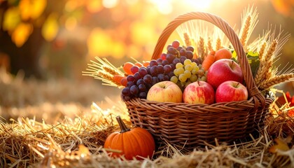 Erntekorb mit &Auml;pfeln Trauben K&uuml;rbis und Getreide auf Stroh im Sonnenuntergang
