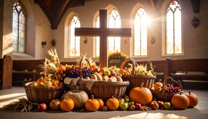 Erntek&ouml;rbe mit K&uuml;rbissen, &Auml;pfeln, Trauben, Brot und Weizen&auml;hren vor Holzkreuz in Kirche zum Erntedankfest
