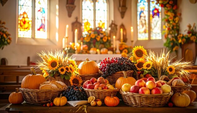 Erntek&ouml;rbe mit &Auml;pfeln, Trauben, Brot, K&uuml;rbissen, Weizen&auml;hren und Sonnenblumen vor Altar in Kirche zum Erntedankfest
