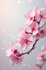 Obraz premium Delicate pink cherry blossoms on a soft white background , nature, texture, pretty