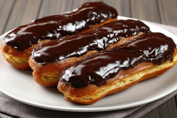 Three chocolate-glazed pastries on a plate