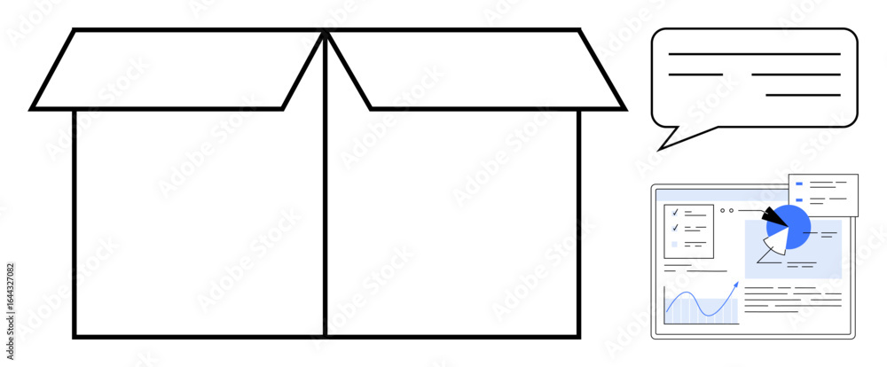 Poster cardboard box with open flaps, speech bubble featuring text lines, and analytics dashboard with grap