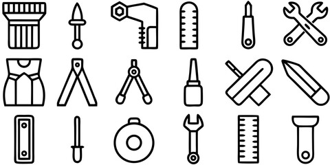 Obraz premium Collection of various tools and measuring instruments icons in a simple line art style construction repair