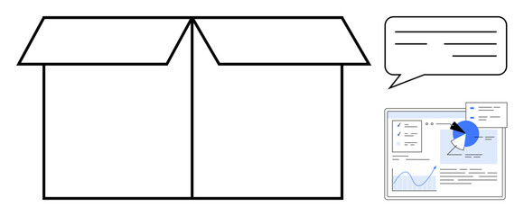 Cardboard box with open flaps, speech bubble featuring text lines, and analytics dashboard with graphs. Ideal for communication, innovation, e-commerce, packaging, data analysis, teamwork simple