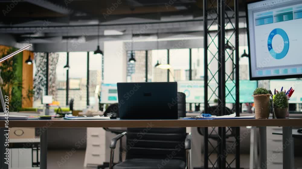 Poster modern business desk in empty office showcases a workspace prepared for analytics, insight generatio