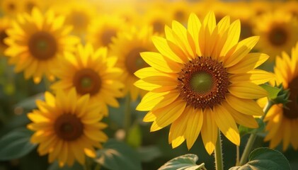 Sun-drenched sunflowers, iridescent pearls scattered amongst golden petals , peaceful, photography