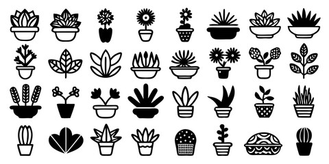 Assortment of potted plant icons in a simple line art style flower cactus
