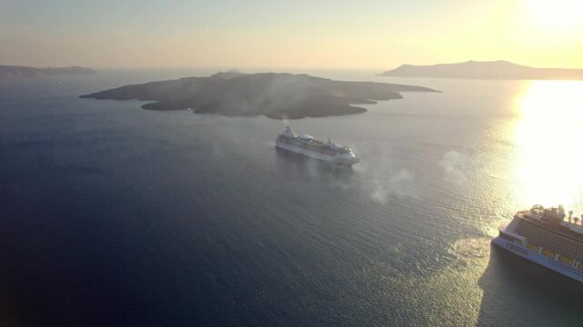 Flying through smoke from two cruise ships at sunset 4K