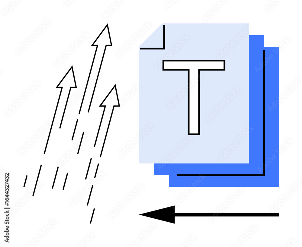 Poster stack of documents with a large t symbol, upward arrows symbolizing growth, and a horizontal arrow i