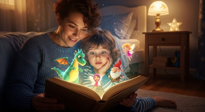 A mother and child reading a book with colorful holographic characters in a cozy living room. - Powered by Adobe