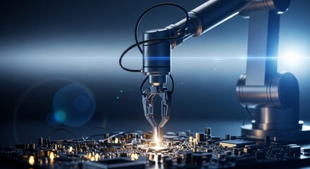 Industrial robotic arms assembling components in a futuristic factory under bright lighting.