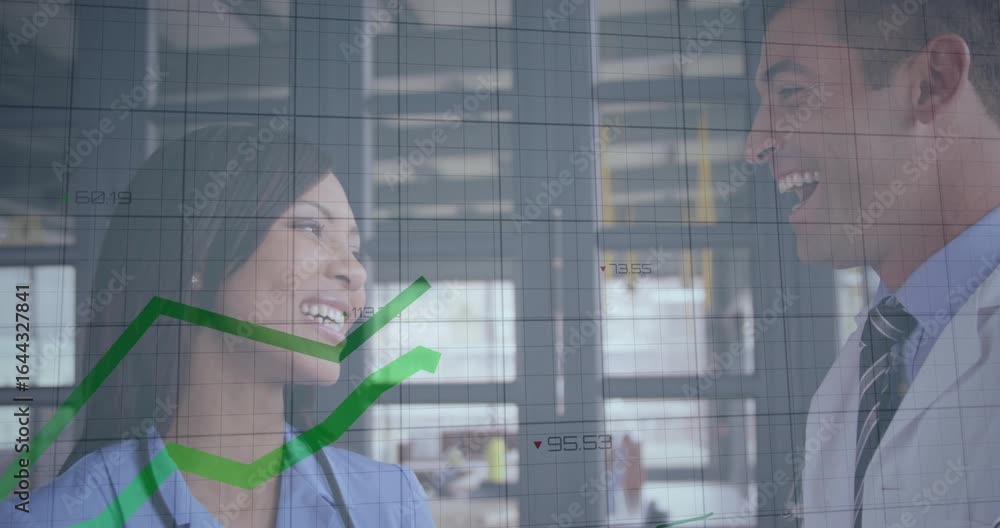Poster Doctors talking in hospital showing grid with green chart animating dips rises and upward trend