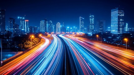 Fototapeta premium Night cityscape with vibrant highway light trails. Modern skyscrapers line the expressway, illuminated at night