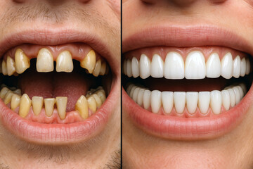 Fototapeta premium Dramatic smile restoration close-up showing severely decayed and discolored teeth transformed into perfectly aligned bright white set through advanced dental reconstruction