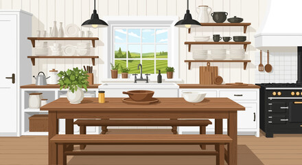 Obraz premium Cozy country kitchen interior featuring natural light and rustic wooden furniture
