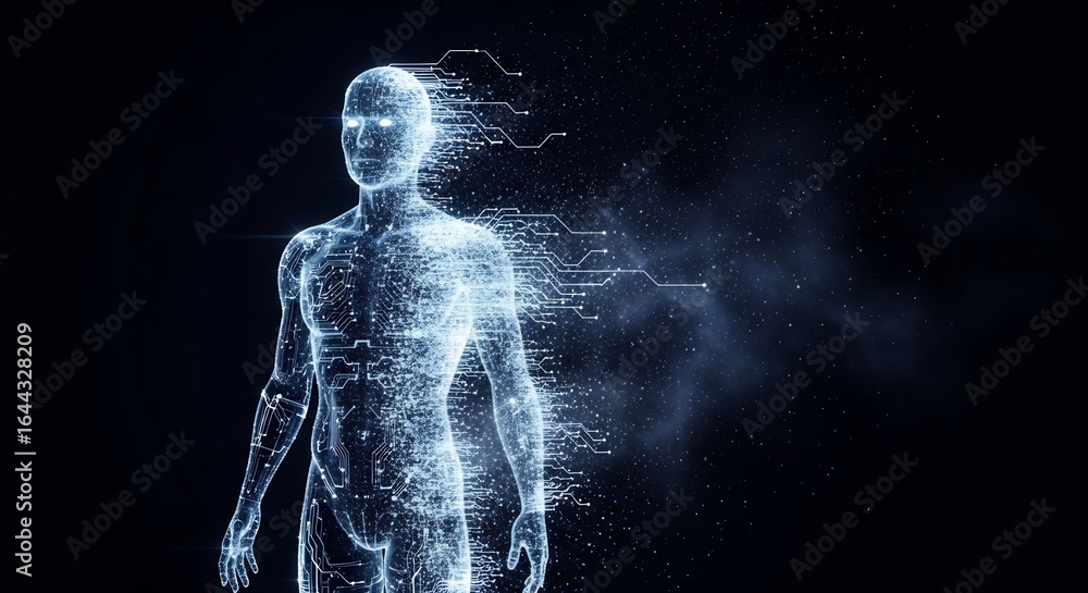 Poster futuristic human form dissolving into digital data streams and stardust