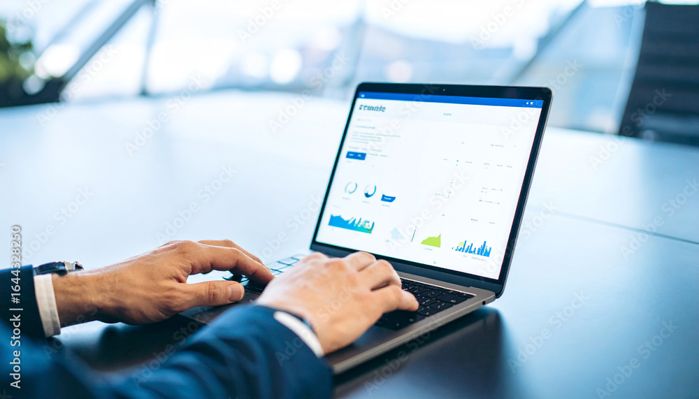 Poster analyzing data at the desk: a focused individual meticulously reviews dynamic data on a sleek laptop