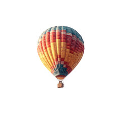 Colorful hot air balloon ascends over desert at sunrise; travel poster