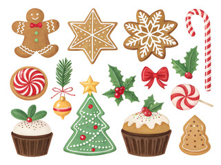 A collection of festive Christmas gingerbread cookies candy canes holly berries and cupcakes isolated on white