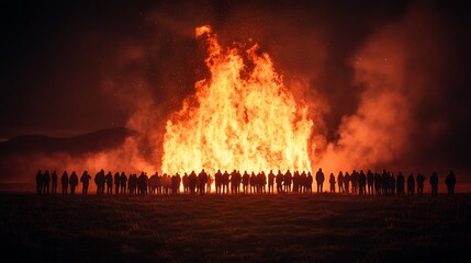 Nighttime bonfire, many silhouettes