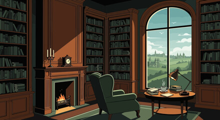 Vintage library interior with cozy fireplace and countryside view illustration