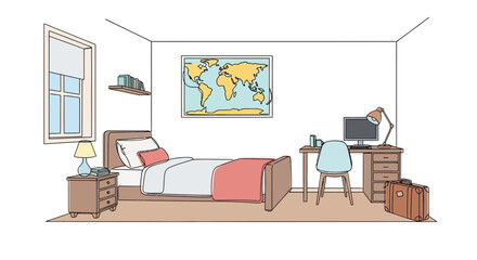 Fototapeta premium Comfortable and functional student room with bed, desk and world map