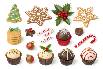 Assortment of festive Christmas treats including gingerbread cookies candy canes cupcakes and chocolates