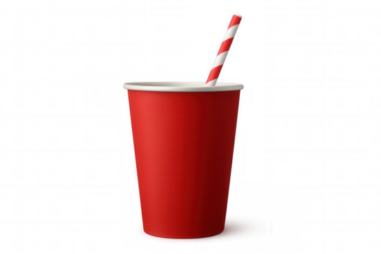 Transparent-background red paper cup with striped straw displaying cool beverage mockup, ideal for graphic branding presentation