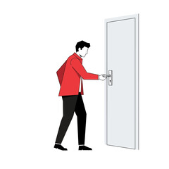 Man in red jacket opening white door, concept illustration for opportunity or decision.