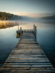 Naklejka premium Glassy lake mirrors soft sunrise light as mist drifts above the water. A rustic dock invites stillness in this high-resolution vertical image, ideal for modern spaces with natural charm.