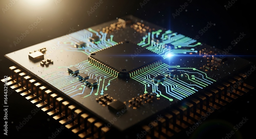 Aufkleber futuristic microprocessor with glowing data pathways and luminous blue pulse