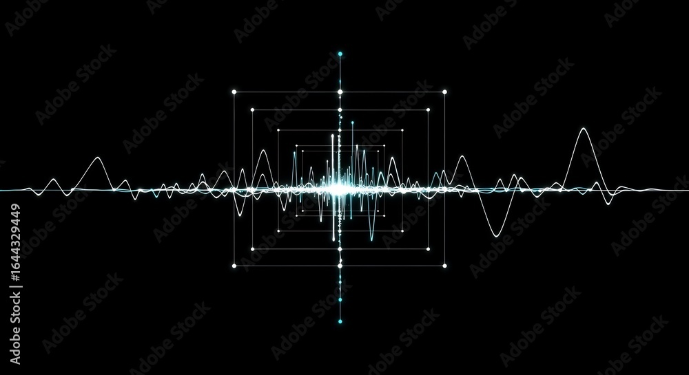 Poster futuristic neon soundwave visualization with geometric grid and pulsating light