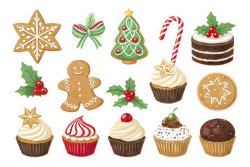 Christmas gingerbread cookies cupcakes candy cane holly and bow illustrations holiday festive