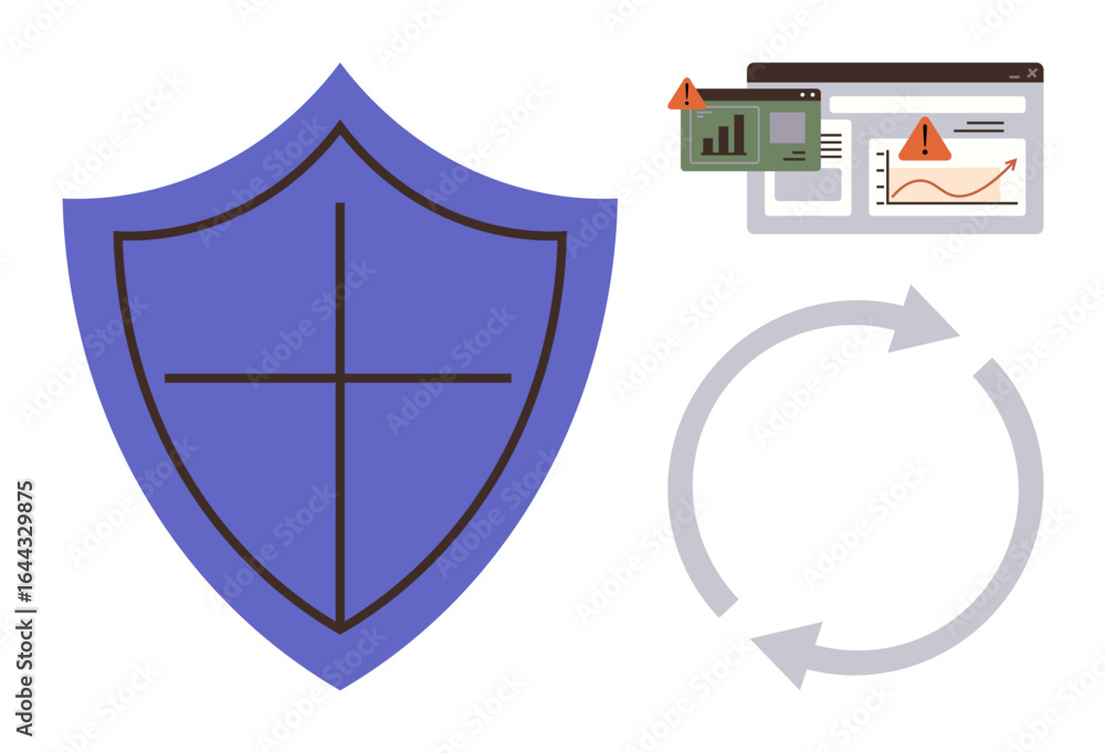 Poster large shield for security, two browser screens with warning alerts, and circular arrows symbolizing 